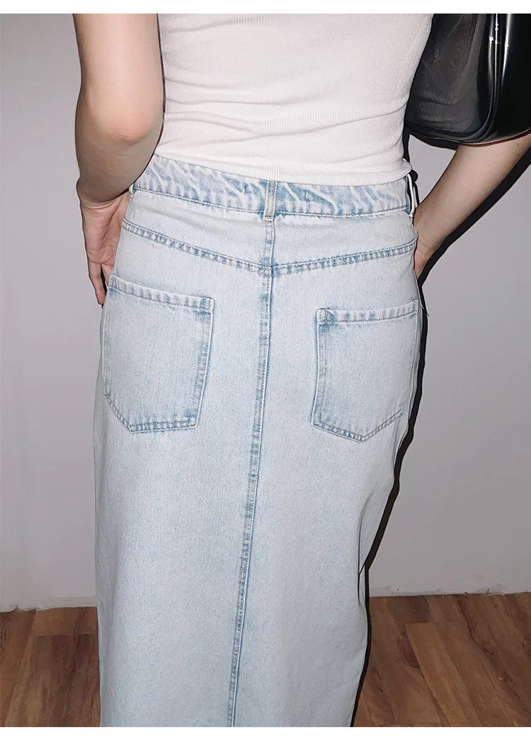 Falda Larga Vaquera Asimétrica Abertura Frontal Borde Deshilachado Denim Lavado Coreano Chic Mujer