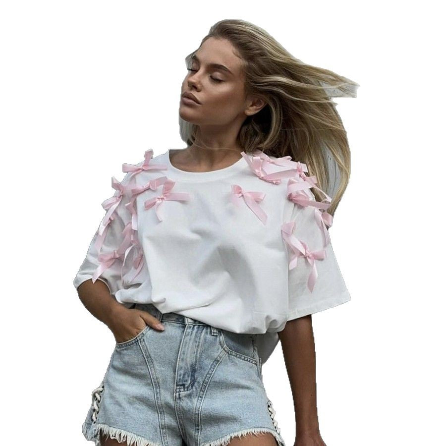 Camiseta Algodón Manga Corta Lazo Holgada Mujer