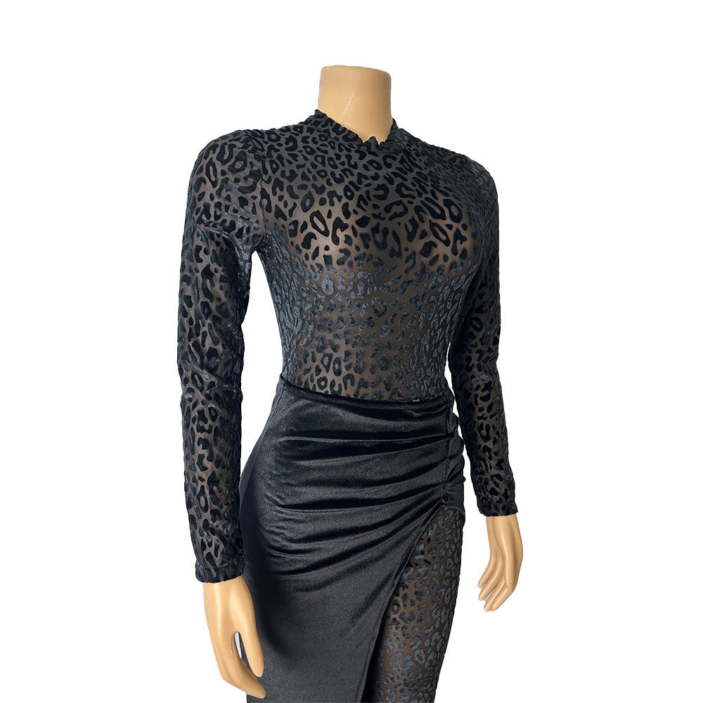 Conjunto Dos Piezas Felino Transparente Sexy Mansión Embrujada Manga Larga Negro