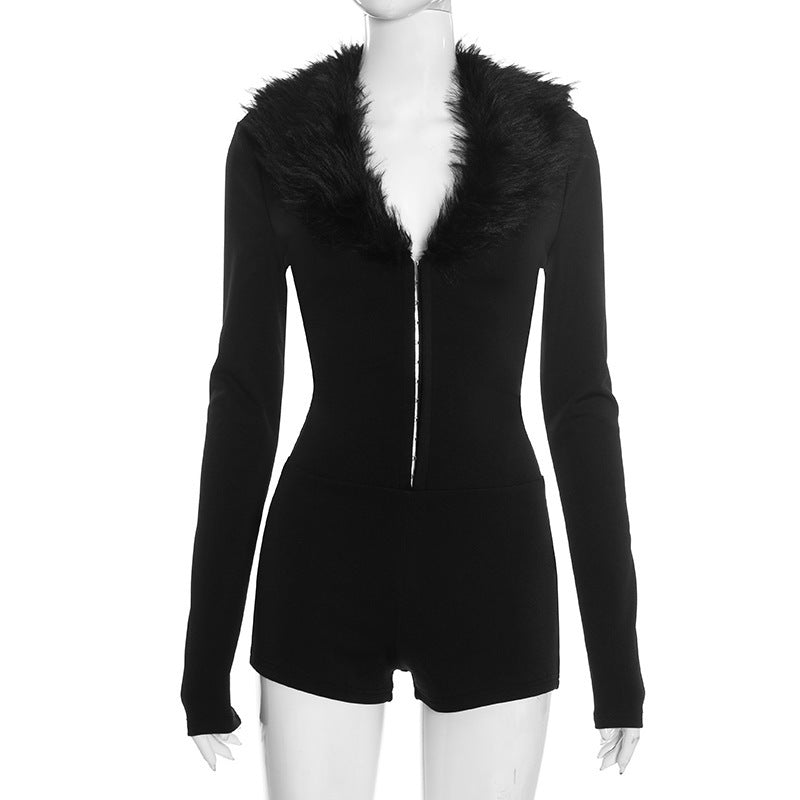 Mono Negro Gótico de Gata Pelo Sintético Manga Larga Slim Fit Street