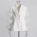 Blazer Estilo Británico Poliéster Cuello Traje Doble Botonadura Manga Volante Tul Empalmado Elegante Commuter Mujer Blanco