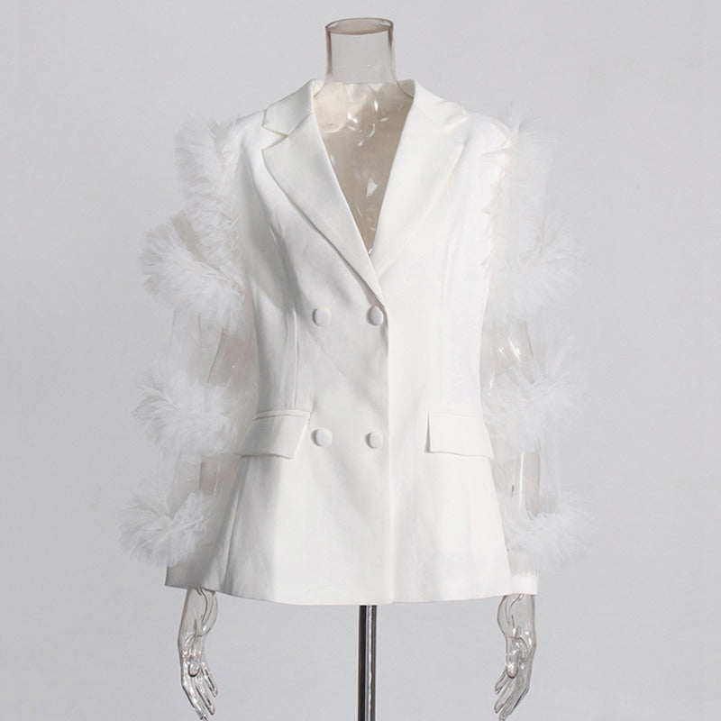 Blazer Estilo Británico Poliéster Cuello Traje Doble Botonadura Manga Volante Tul Empalmado Elegante Commuter Mujer Blanco