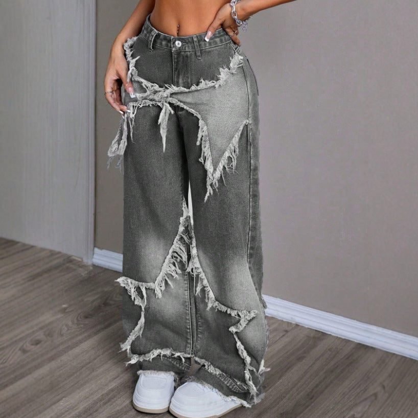 Vintage Star Patchwork Heavy Washed Denim Pants Women Raw Hem Design Floor-Length Straight Leg Jeans
