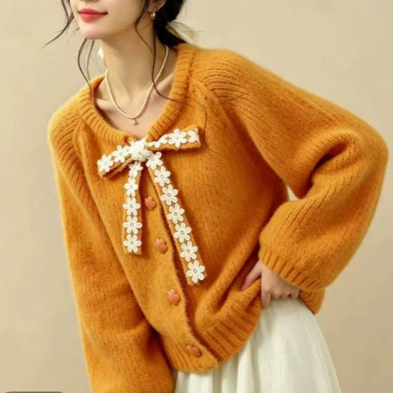 Soft Style Bow Flower Tie-Neck Knit Cardigan for Women
