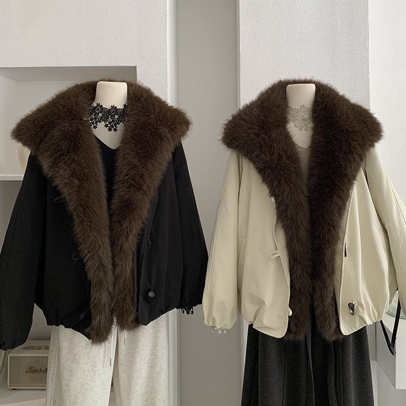 Parka Poliéster Holgada Cuello Pelo Sintético Zorro Desmontable Manga Raglán Gruesa Retro Talla Única Mujer Albaricoque Verde Militar Camel Negro