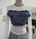 Denim Patchwork Frayed Binding Slim Long Sleeve Short Mesh Top T-Shirt