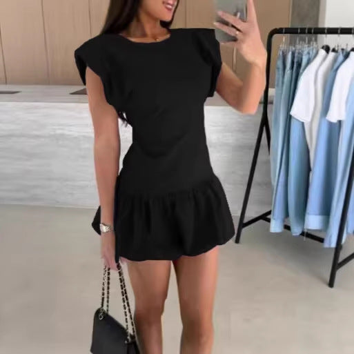 Chic Solid Color Short Sleeve Ruffle Dress for Women  Fashion Dress