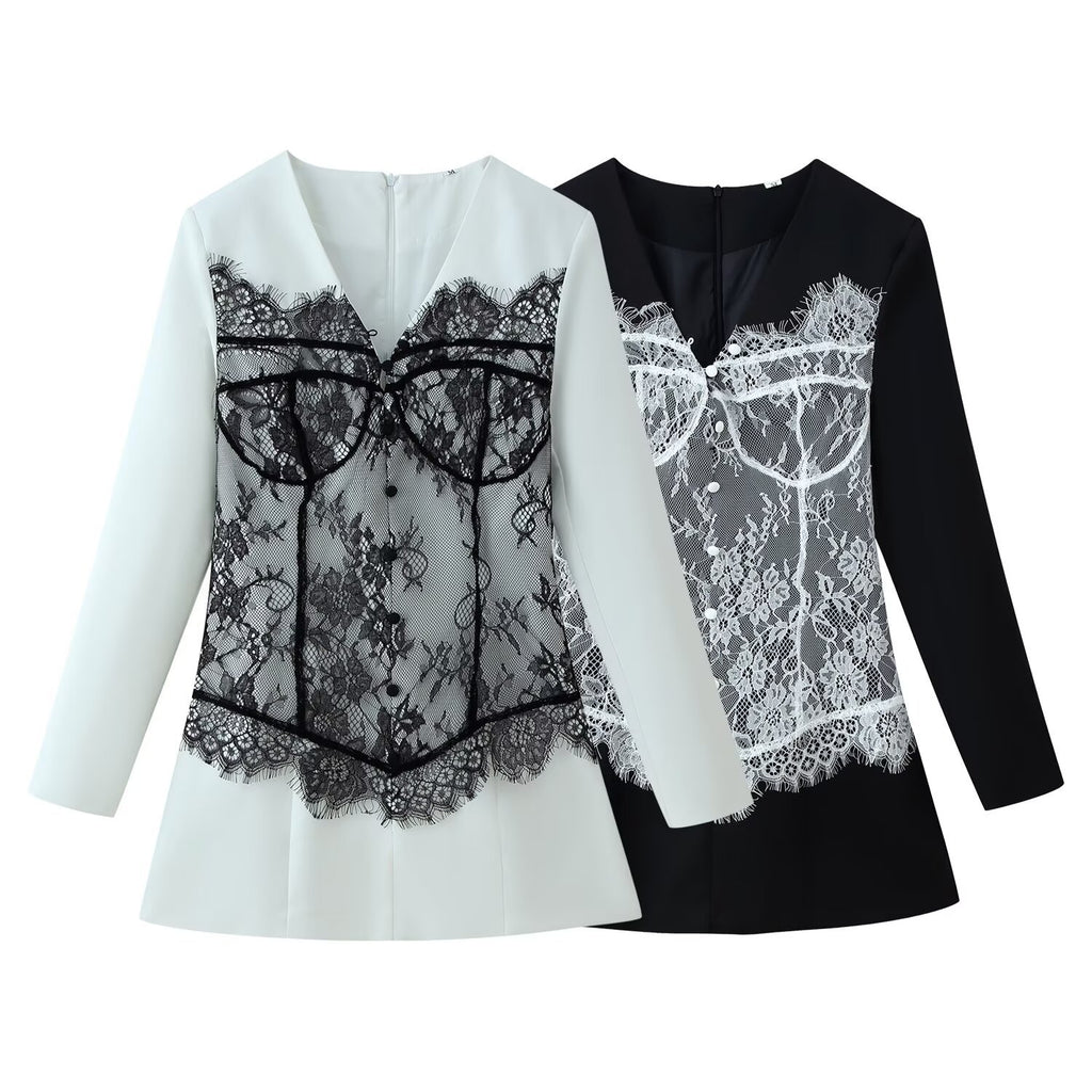 V-neck long sleeved patchwork contrasting lace dress