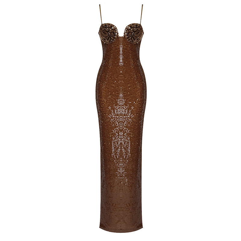 Women's Catwalk Party Off-The-Shoulder Brown Sequined Slit Long Skirt Suspender Dress