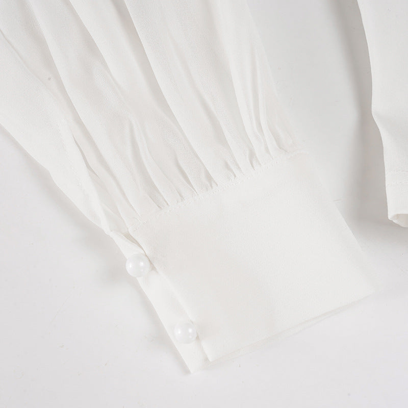 Top Chifón Cuello V Manga Linterna Cintura Fruncida