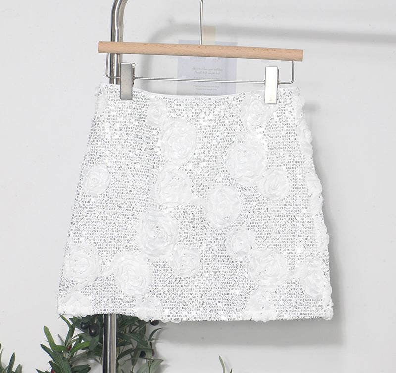 Three dimensional flower composite sequin wrapped hip skirt