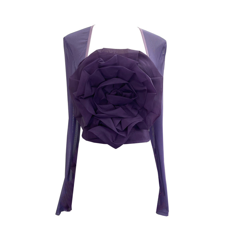 Top Malla Flores 3D Manga Larga Cuello Cuadrado Mujer