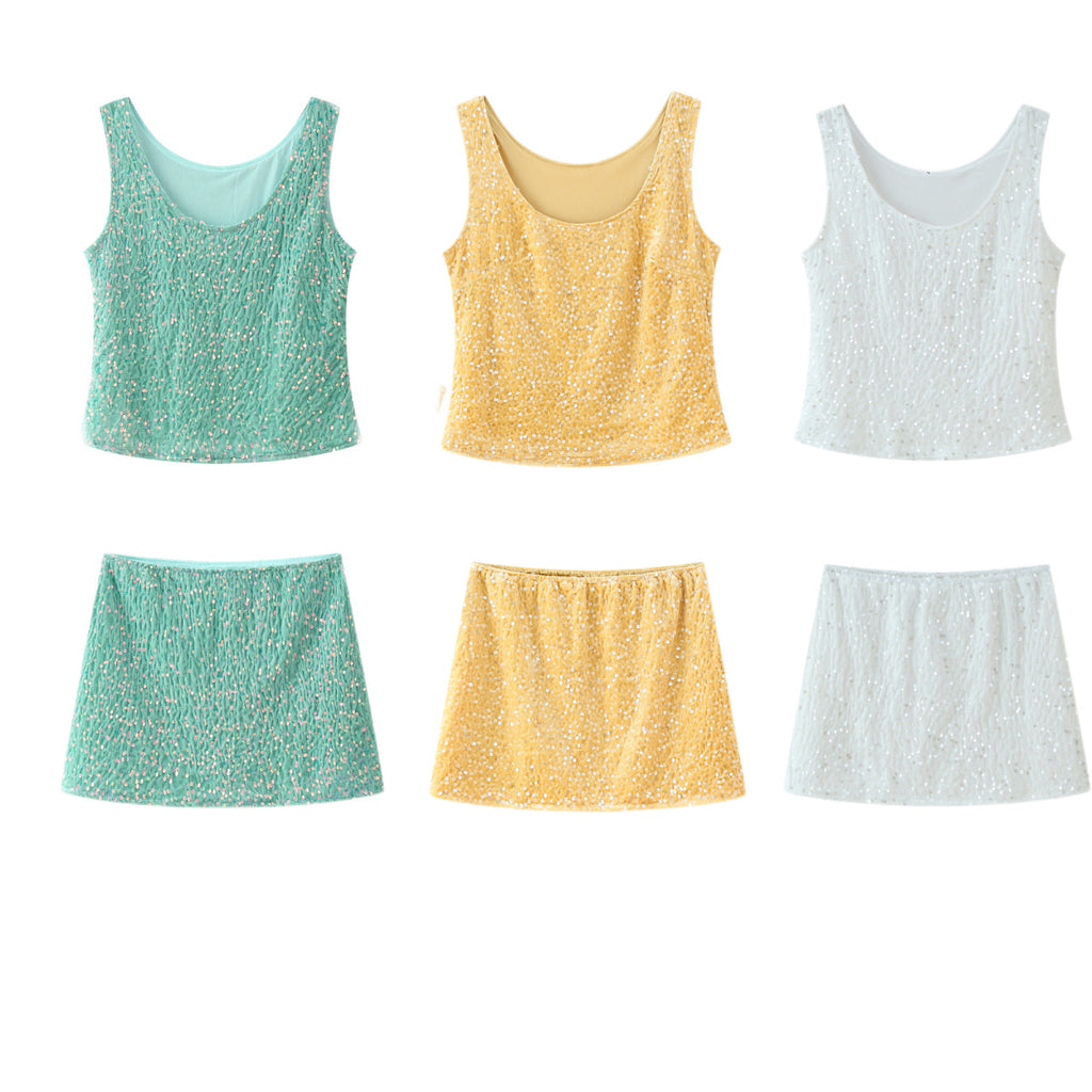 Conjunto Dos Piezas Chaleco Lentejuelas Sin Mangas Mini Falda Talle Bajo Slim Sofisticado Casual Mujer