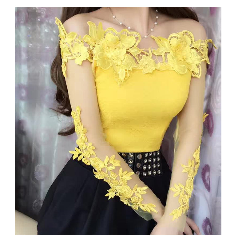 Summer Fashion Lace Top Sexy Diagonal Neck Off Shoulder Shirt Women's Office Korean Top Long Sleeve Clothing