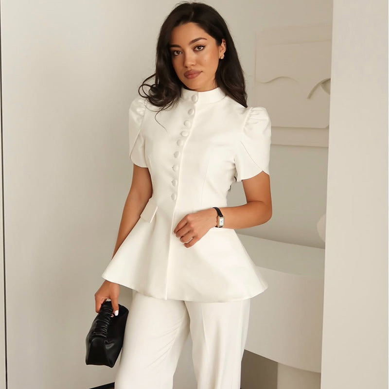 Bubble sleeve breasted waist cinching top