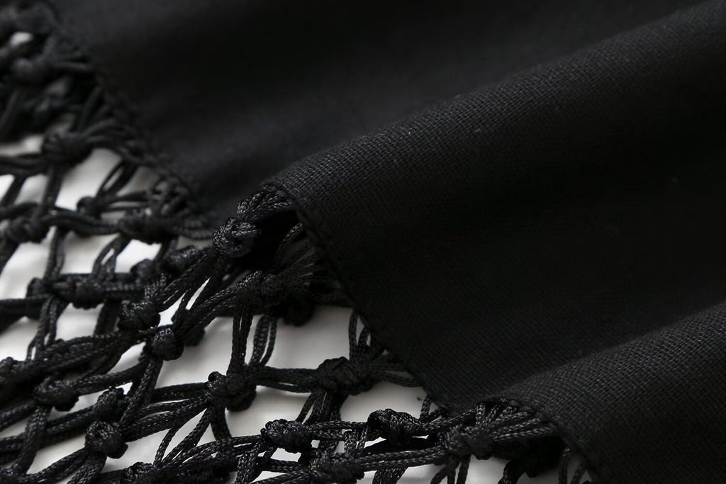 Black Fringe Decorated Halter Neck Linen Dress