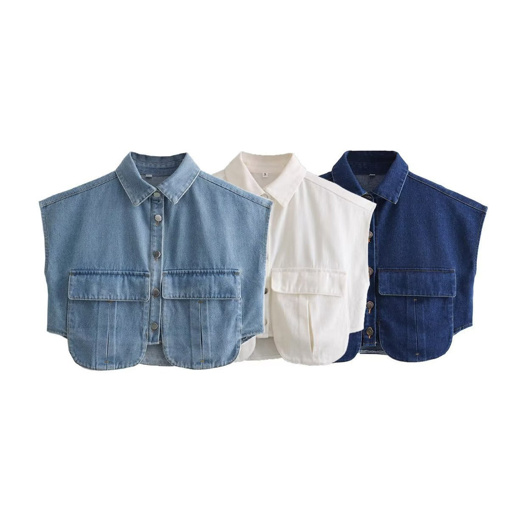 Flip collar short sleeved denim shirt top