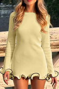Vestido Mini Manga Larga Ribete en Contraste con Volantes Mujer