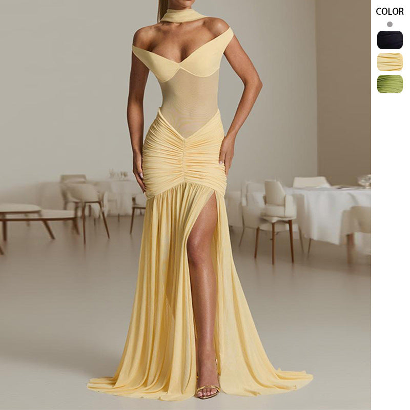Off-shoulder asymmetrical evening dress with a slimming fitted mermaid silhouette