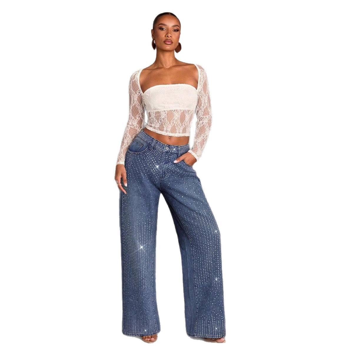Vaquero Recto Holgado Talle Medio Strass Irregular Denim Street Fashion Mujer