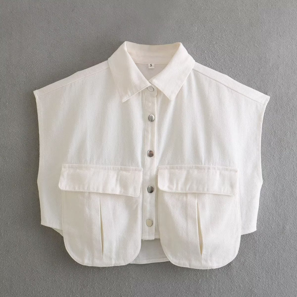 Flip collar short sleeved denim shirt top