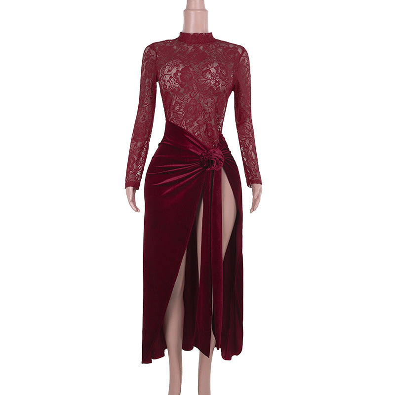 Vestido Largo Terciopelo Encaje Rojo Reina Vampira Gótica