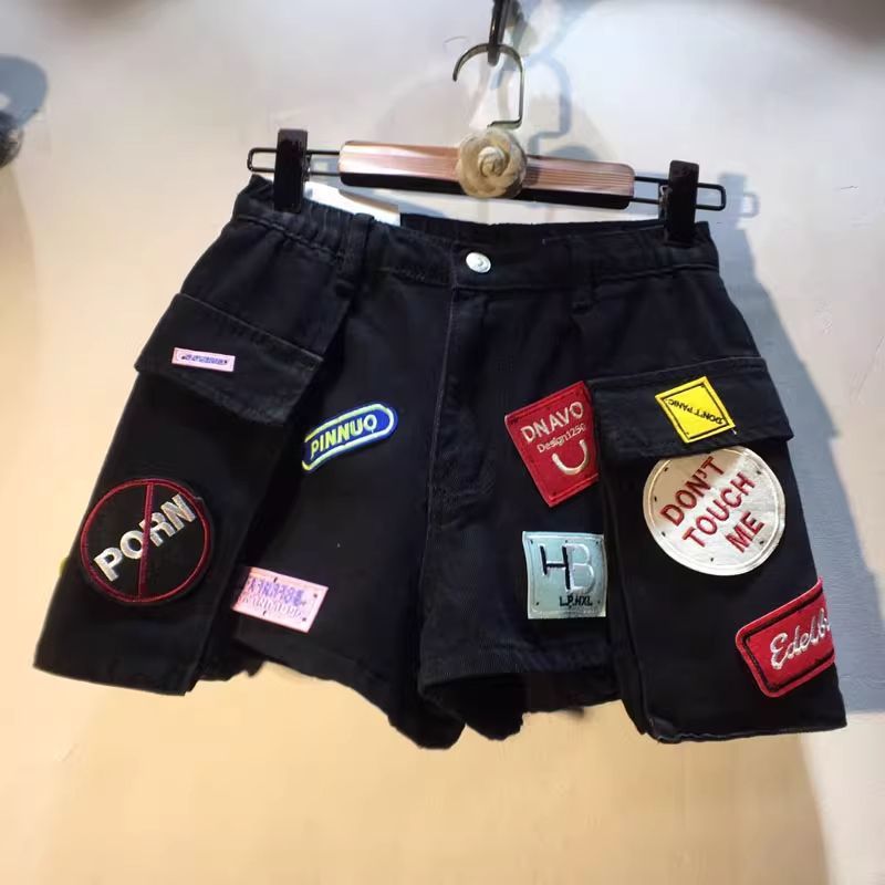 Shorts vaqueros cargo de cintura alta para mujer con parche bordado