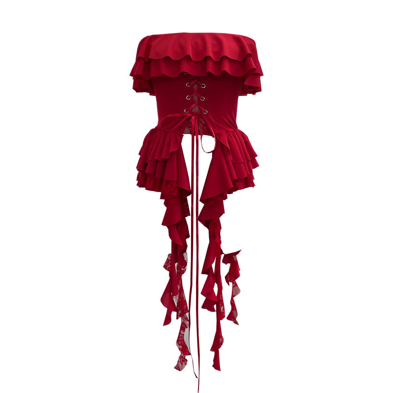 Lace strapless top with ruffled edges and lace patchwork