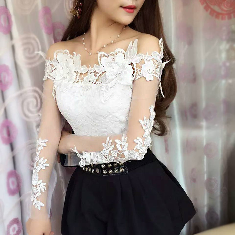 Summer Fashion Lace Top Sexy Diagonal Neck Off Shoulder Shirt Women's Office Korean Top Long Sleeve Clothing
