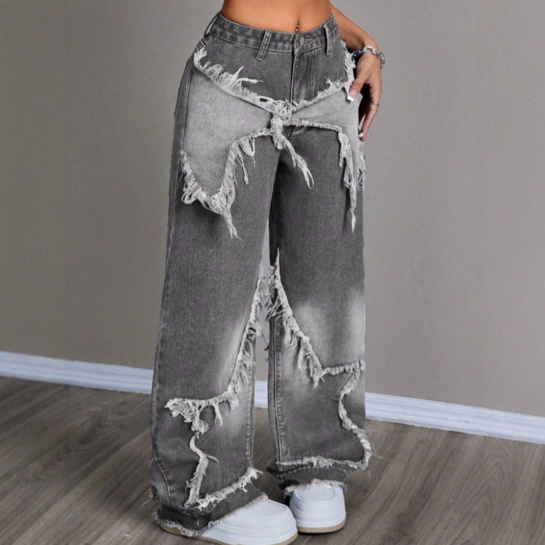 Vintage Star Patchwork Heavy Washed Denim Pants Women Raw Hem Design Floor-Length Straight Leg Jeans