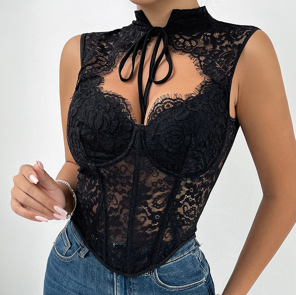 Top Encaje Transparente Bralette Corto Mujer