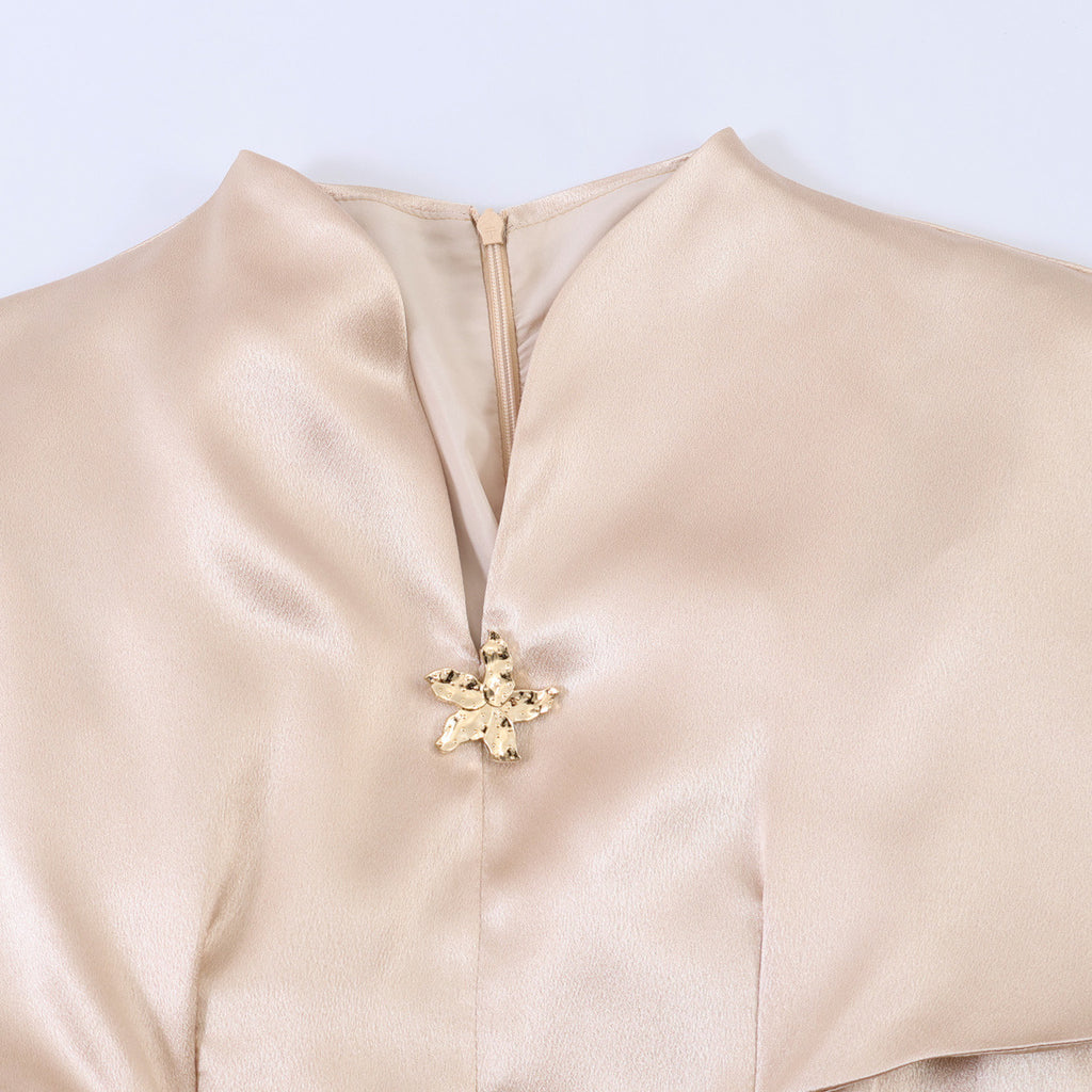 Satin standing collar cape waist cinched top