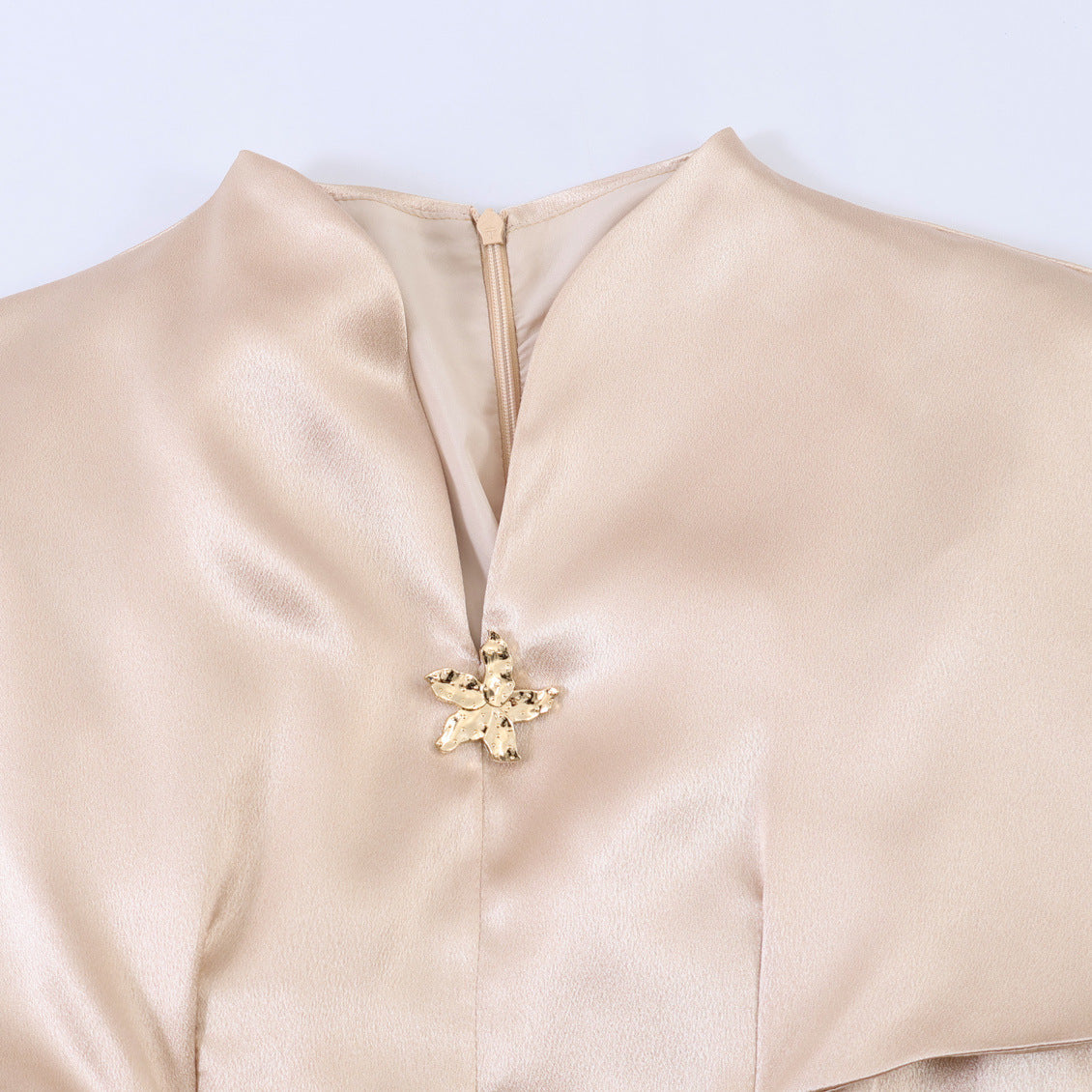 Satin standing collar cape waist cinched top