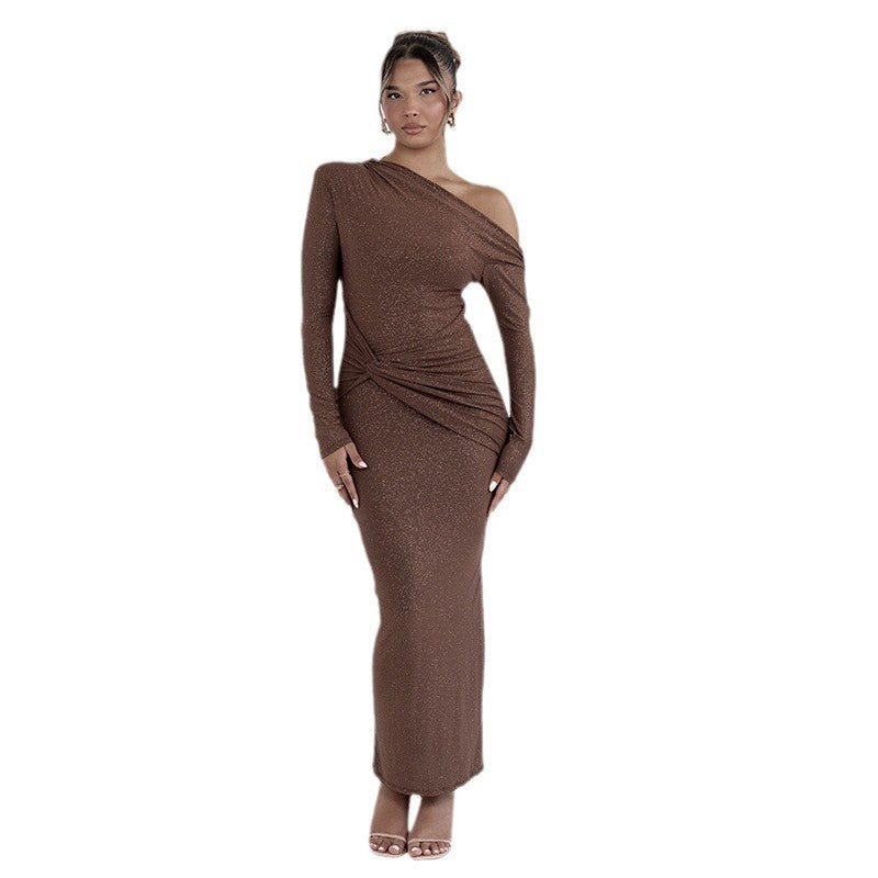 Autumn/Winter New Fashion Shoulder Cut-Out Long Sleeve Bodycon Maxi Dress, Sexy Pleated Fitted Dress
