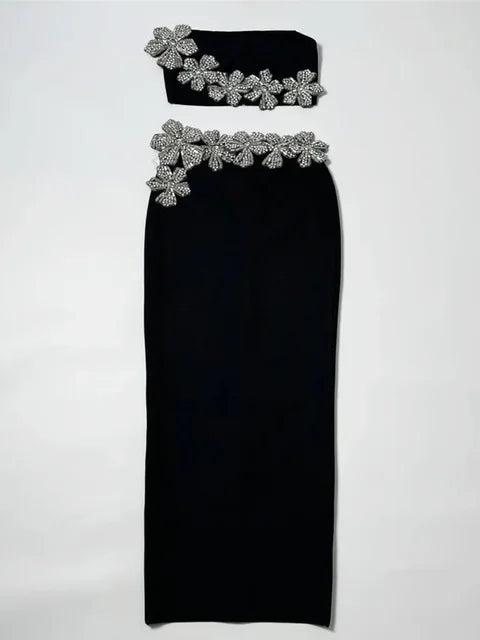 Top corto y falda larga con tirantes, flores, diamantes y cristales para mujer. Conjunto de dos piezas con vendaje. Vestido elegante para fiesta de noche.