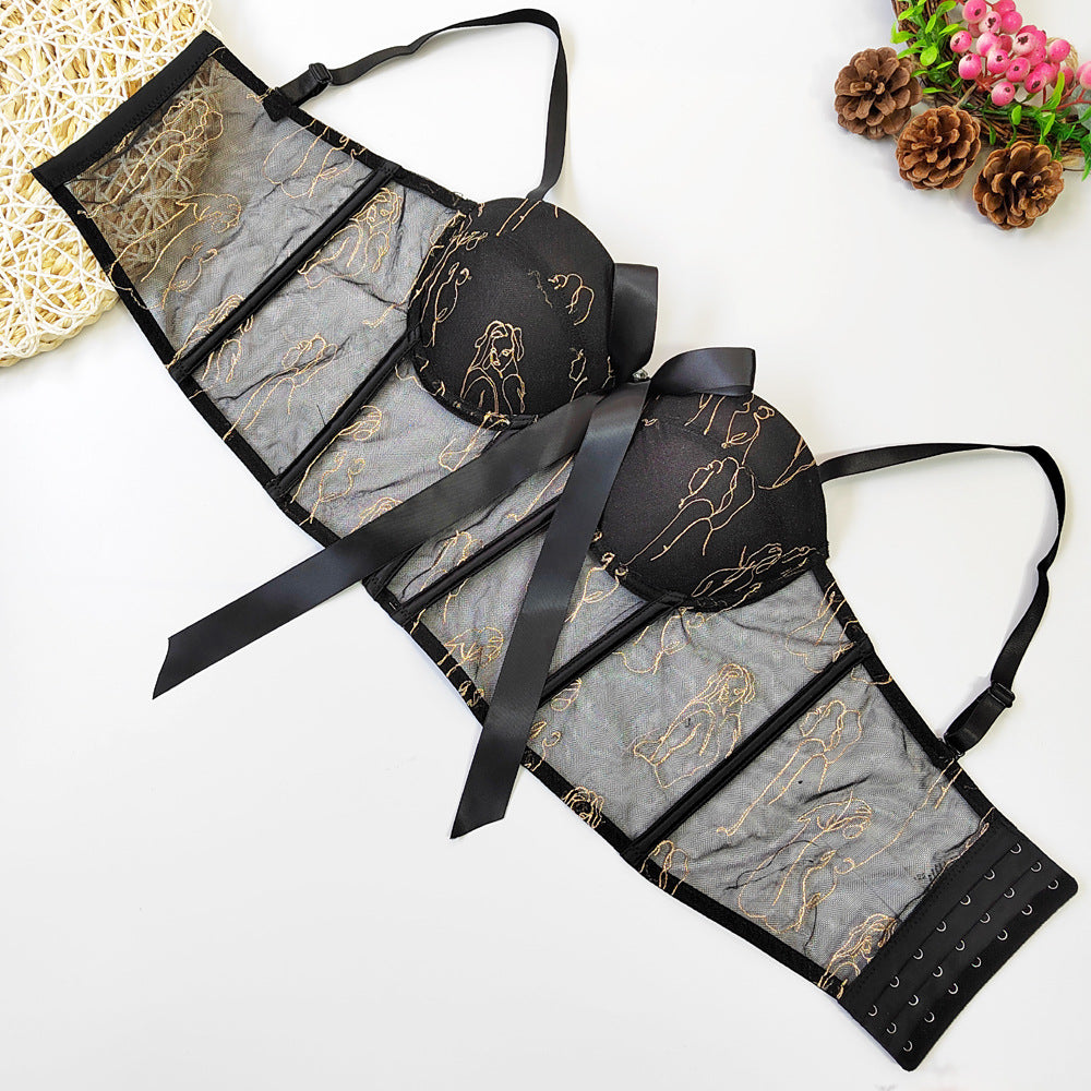 Top de tirantes de moda con dulces flores, crop top con corsé de malla bordada para mujer, elegante para fiestas, discotecas, bustier de estilo urbano y ropa festiva.