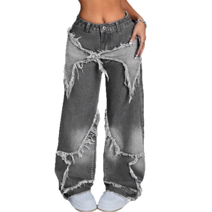 Vintage Star Patchwork Heavy Washed Denim Pants Women Raw Hem Design Floor-Length Straight Leg Jeans
