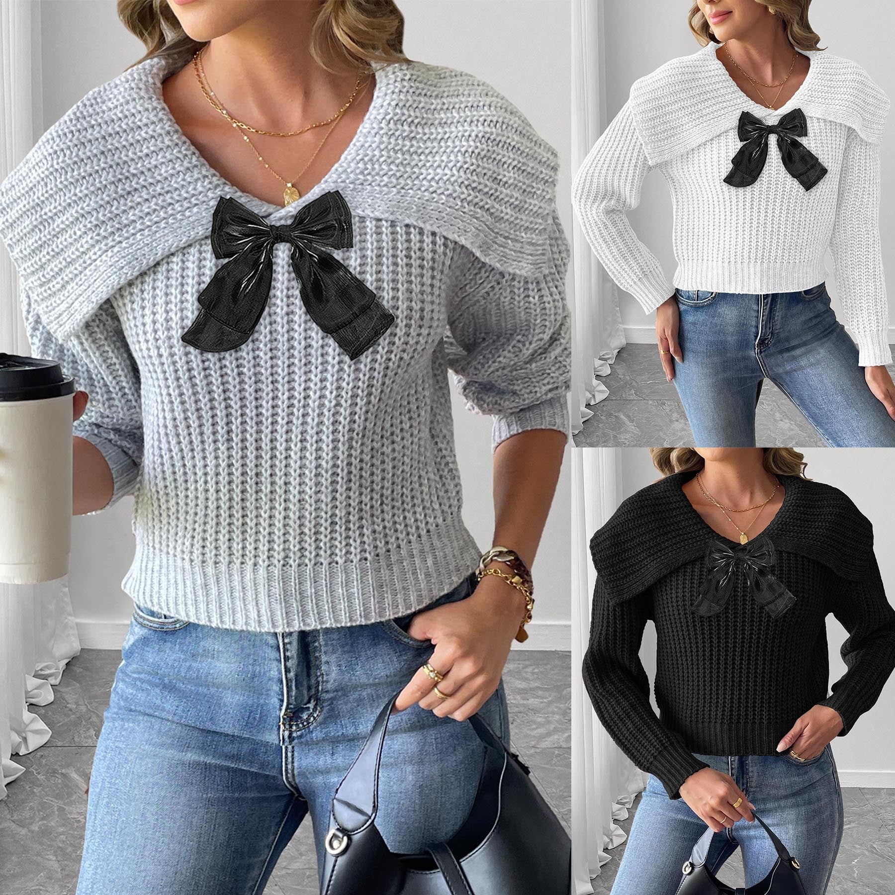 Women's Short Knit Sweater with Large Turn-Down Collar and Bow Detail