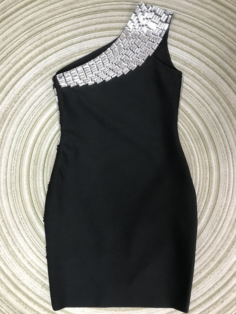 Vestido Bandage Spandex Hombro Diagonal Diamantes Cosidos Cremallera Elegante Alta Calidad Noche Mujer Negro