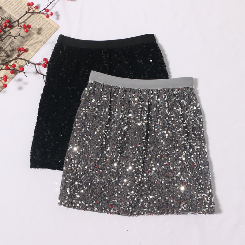 Sparkling A-line hip elastic high waisted short skirt