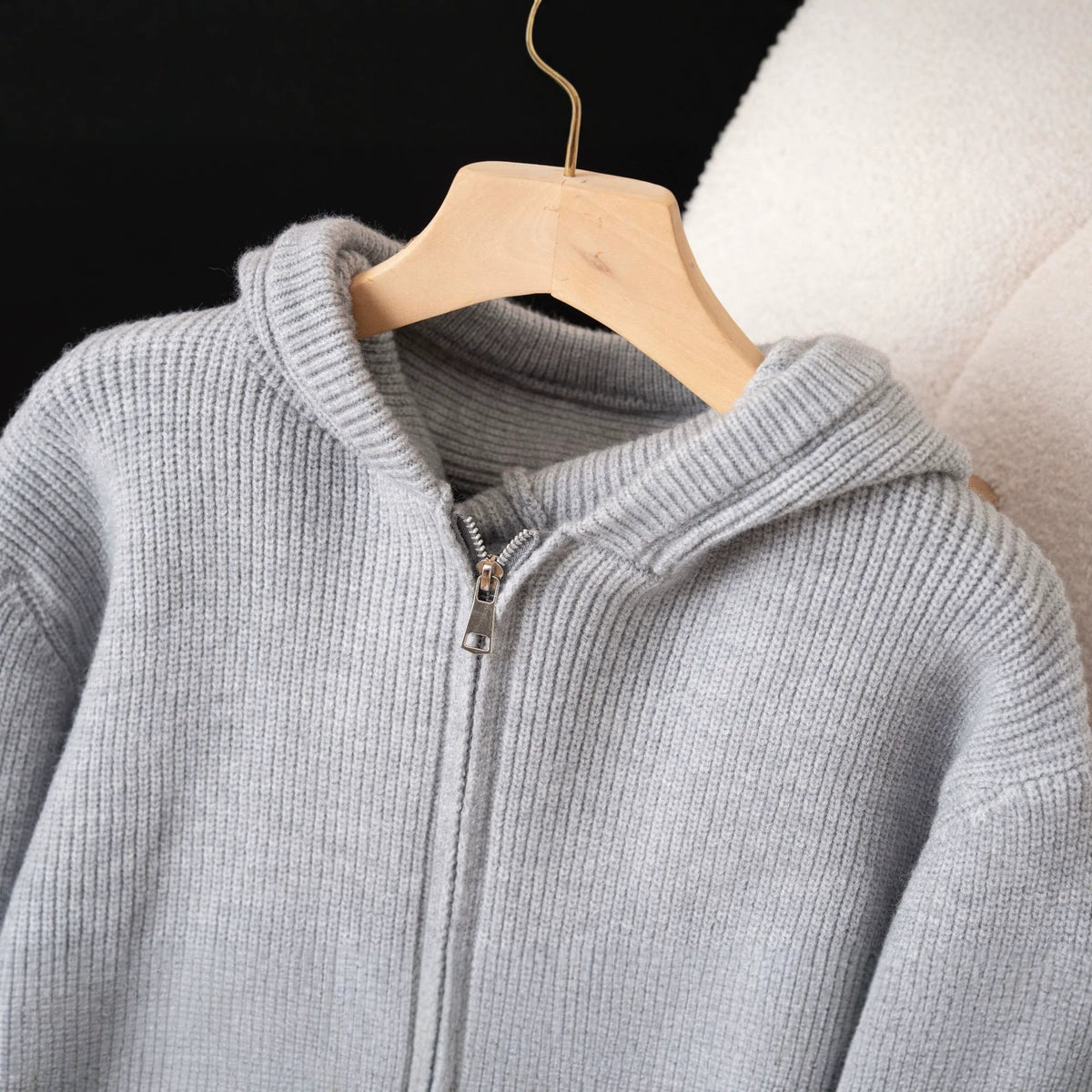 Cárdigan Corto Cremallera Capucha Punto Acanalado Waffle Acrílico Casual Mujer Gris Negro