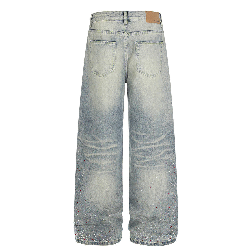 Vaquero Holgado Recto Strass Completo Lavado Blanco Bajo Acanalado Street Fashion Unisex