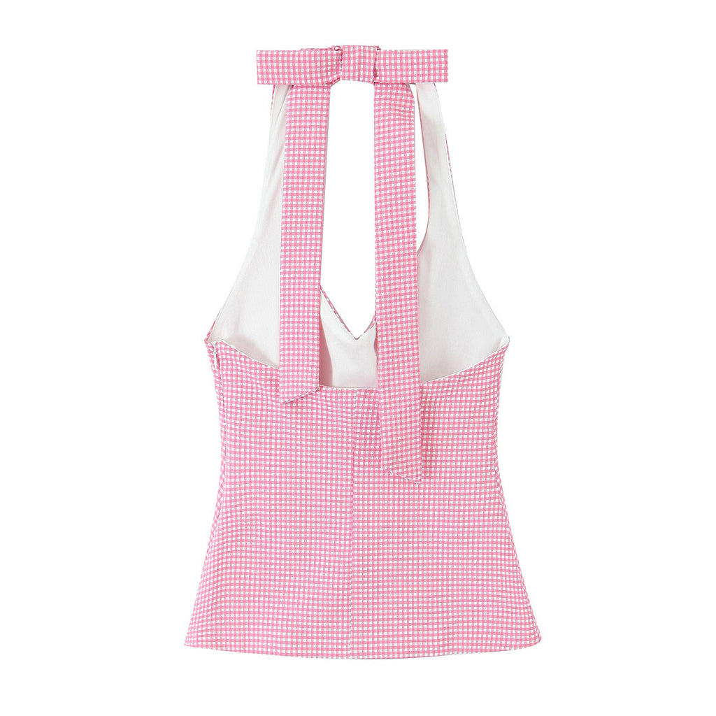 Retro pink checkered neck hanging tank top