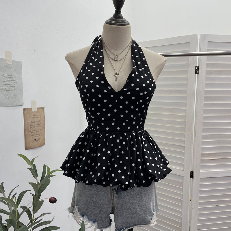 Backless neck tied polka dot top