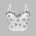 White Strapless Camisole Gathered Beaded Rhinestone Bustier Innerwear