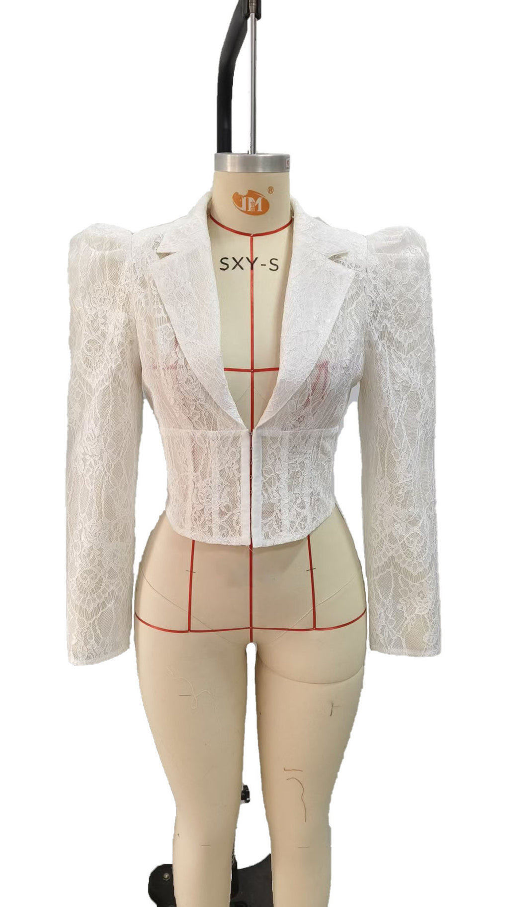 Camisa Blanca Encaje Manga Abullonada Cintura Ceñida Mujer