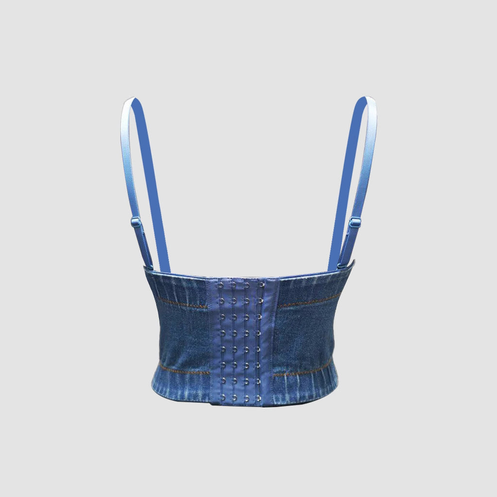 Denim Strapless Top with Tassel and Rhinestone Design for Women