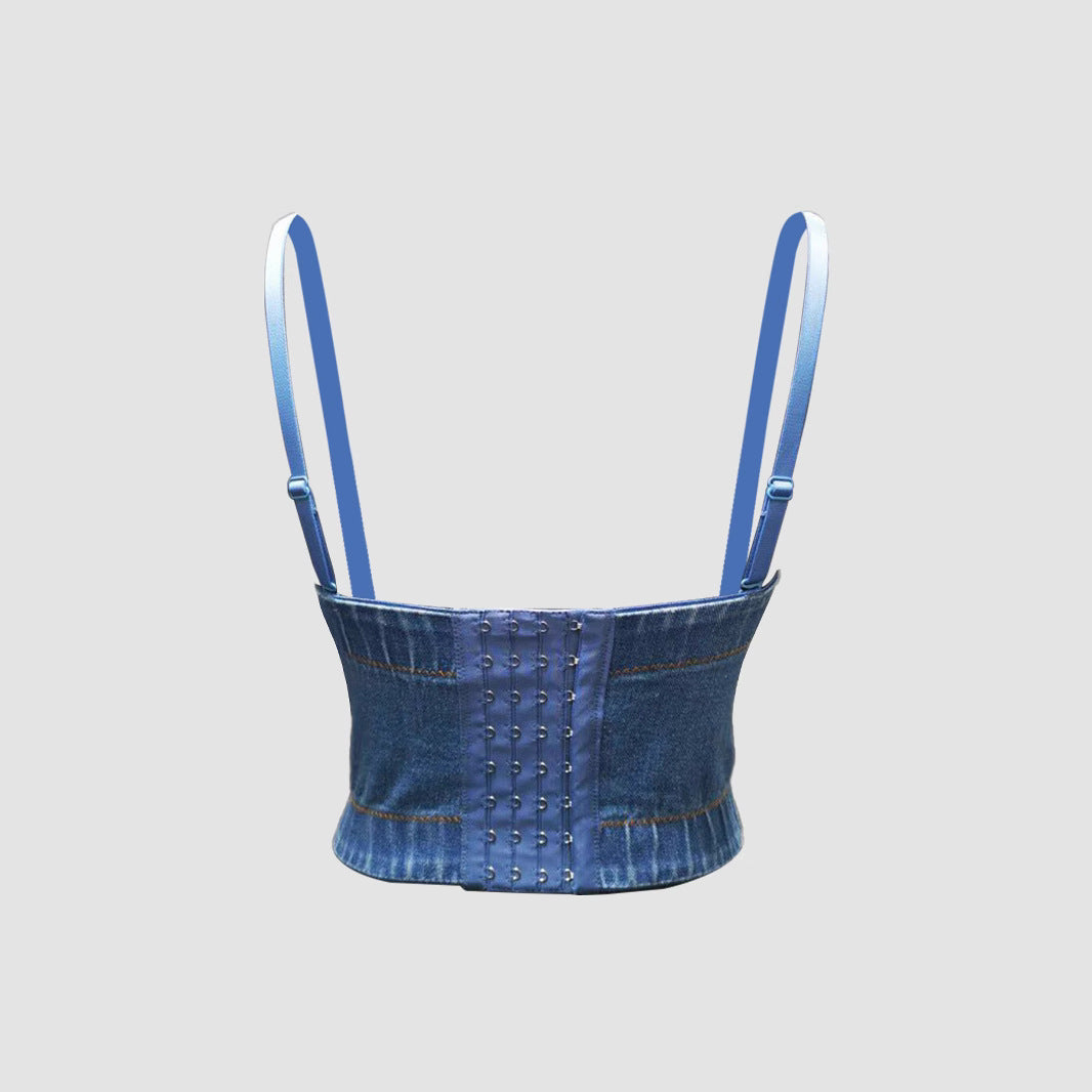 Denim Strapless Top with Tassel and Rhinestone Design for Women