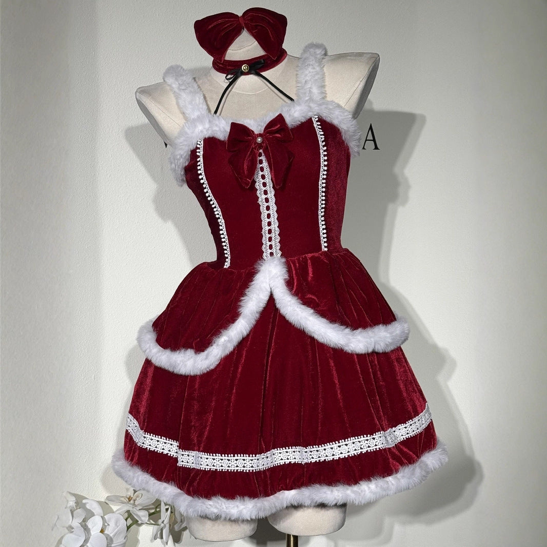 Halloween Red Velvet Sexy Bunny Costume Dress for Cosplay New Year Outfit