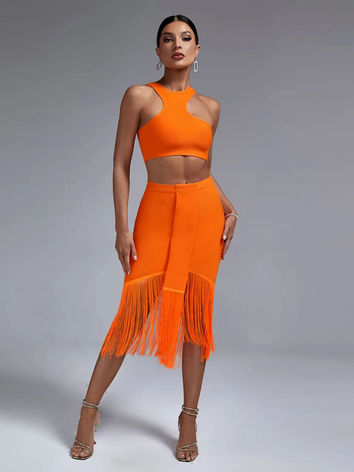 Conjunto de Dos Piezas de Vendaje para Mujer: Top y Falda Elegante, Sexy, con Flecos en Naranja
